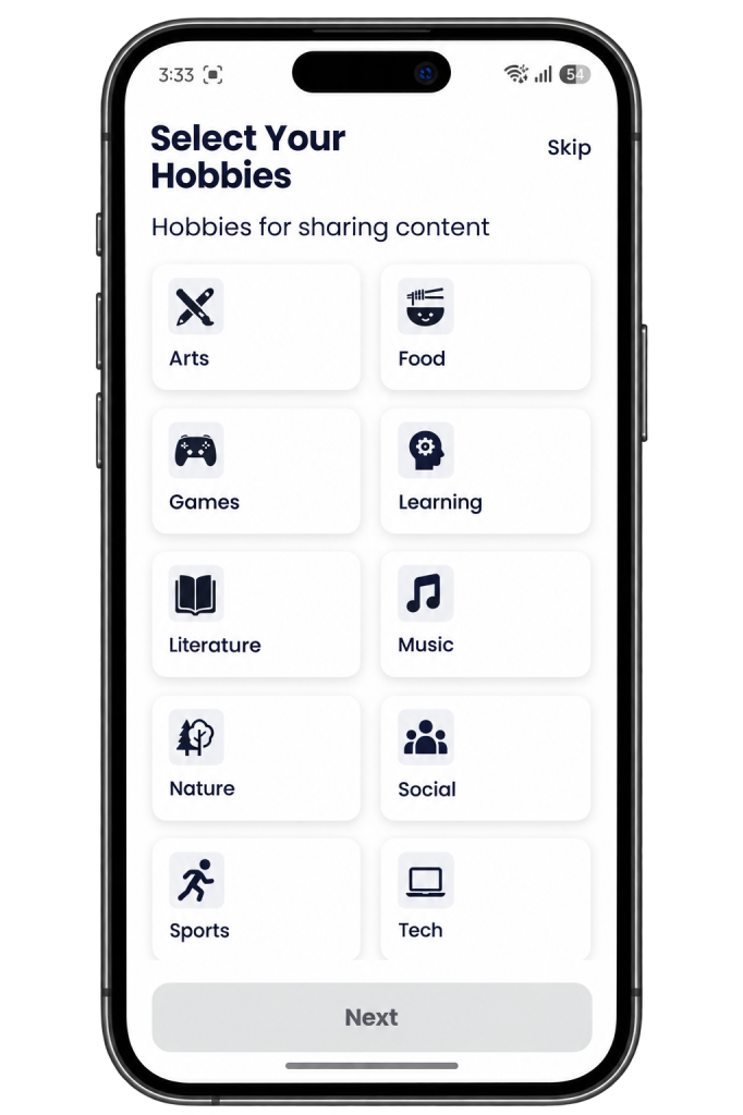Select your hobbies screen
