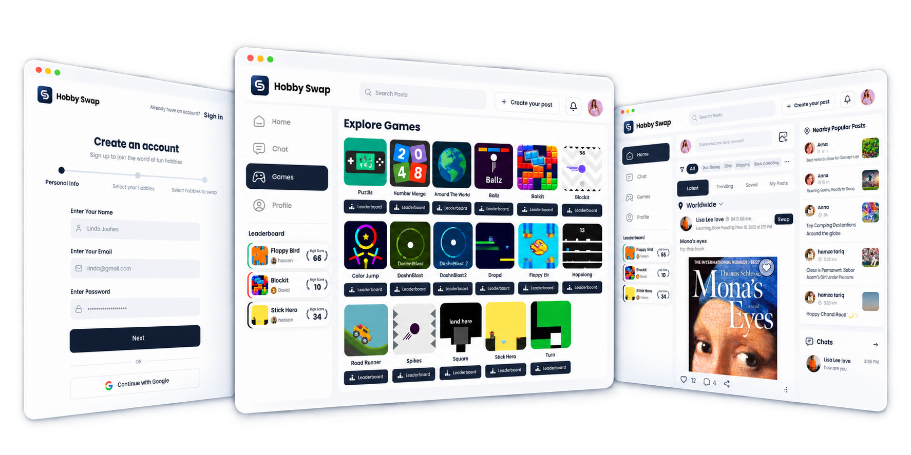 HobbySwap web app screens: sign-up, Explore Games and the main feed